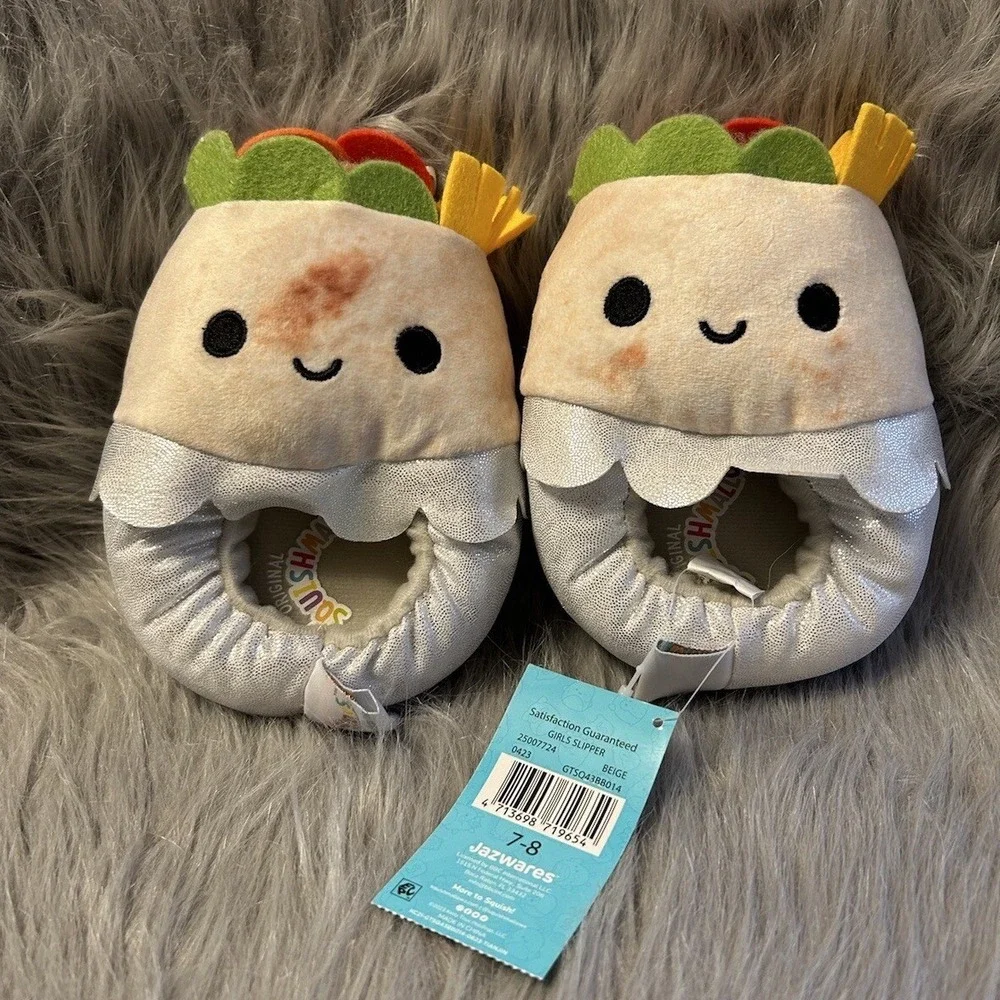 Squishmallows Slippers Girls Size 7-8 Slip On Plush Burrito Shoes Plushy